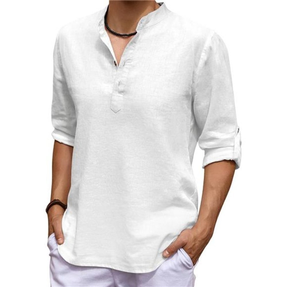 Casual Henley Long Sleeve Beach Shirt Men Cotton Linen